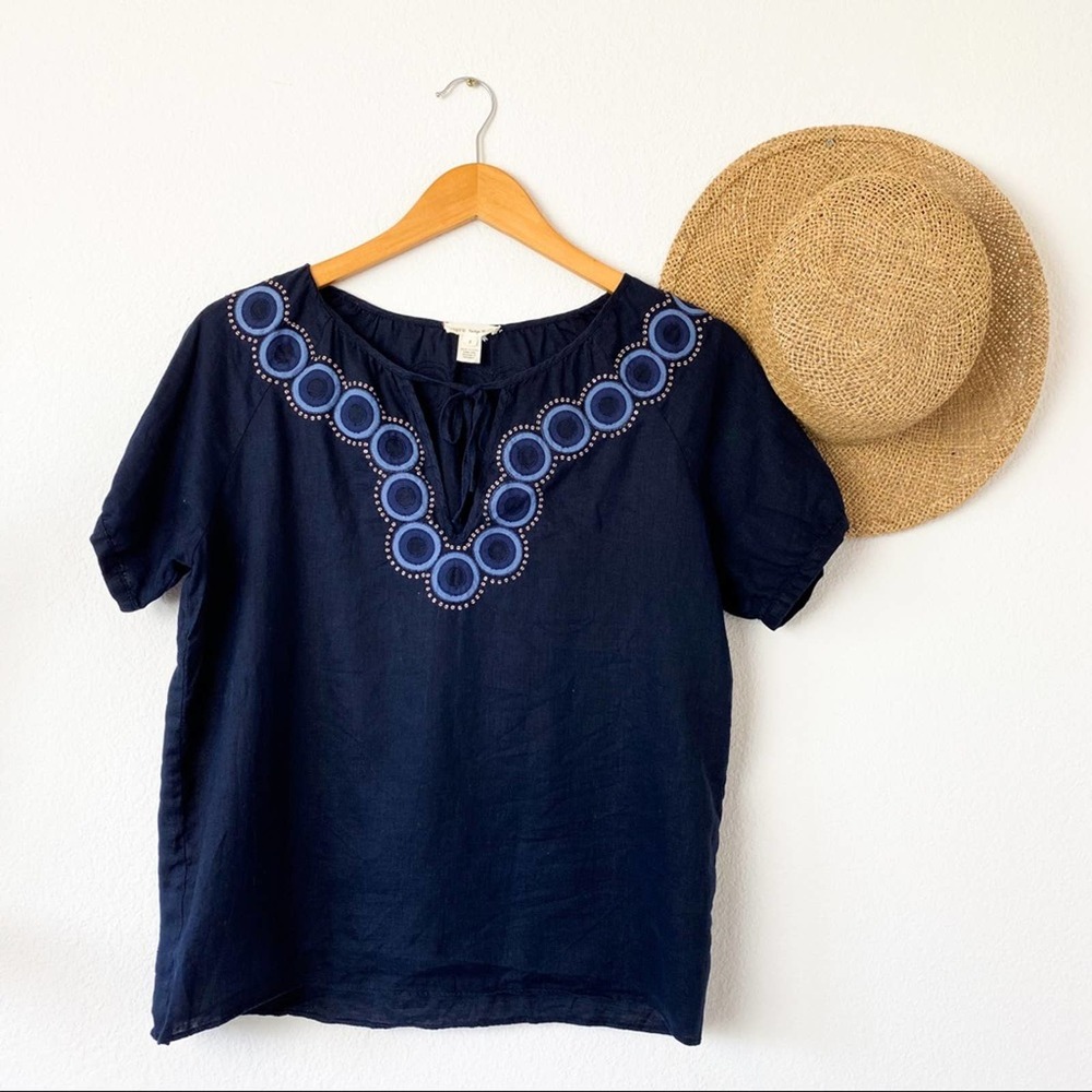J. Crew Vintage Closet Blue Linen Embroidered Top